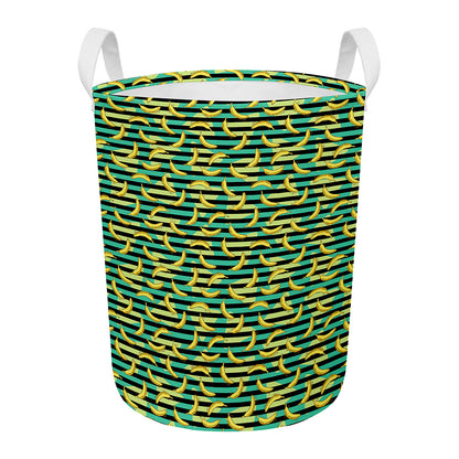 Teal Striped Banana Pattern Print Round Laundry Basket