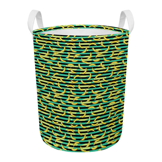 Teal Striped Banana Pattern Print Round Laundry Basket