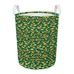 Teal Striped Banana Pattern Print Round Laundry Basket