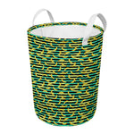 Teal Striped Banana Pattern Print Round Laundry Basket