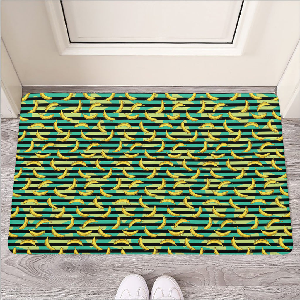 Teal Striped Banana Pattern Print Rubber Doormat