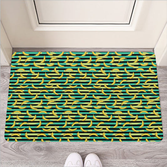 Teal Striped Banana Pattern Print Rubber Doormat