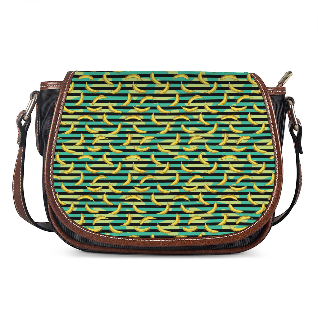 Teal Striped Banana Pattern Print Saddle Bag
