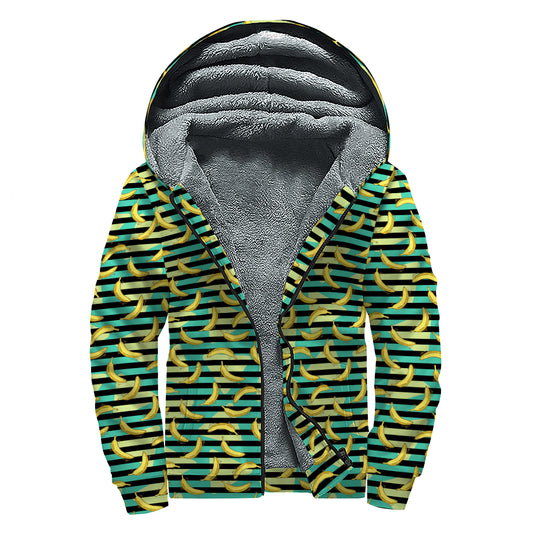 Teal Striped Banana Pattern Print Sherpa Lined Zip Up Hoodie