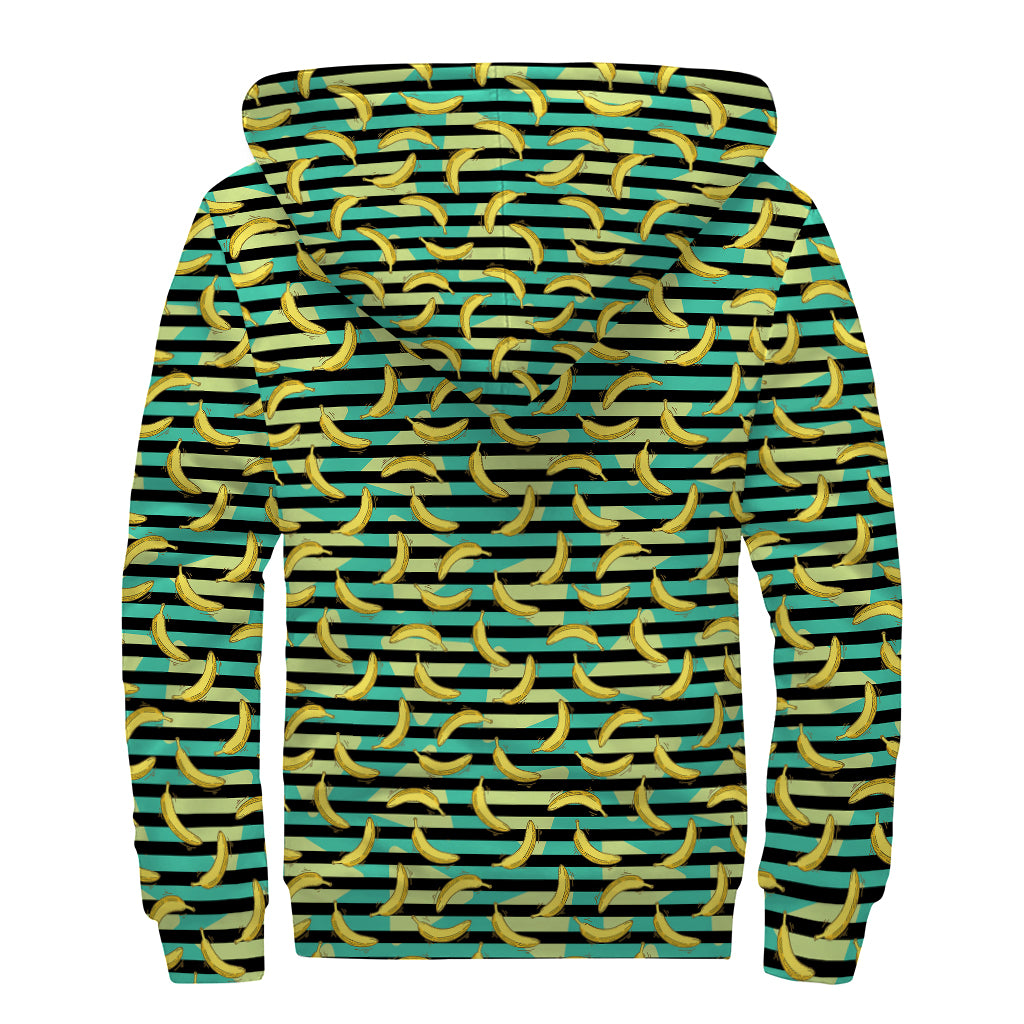 Teal Striped Banana Pattern Print Sherpa Lined Zip Up Hoodie