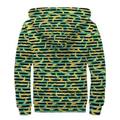 Teal Striped Banana Pattern Print Sherpa Lined Zip Up Hoodie