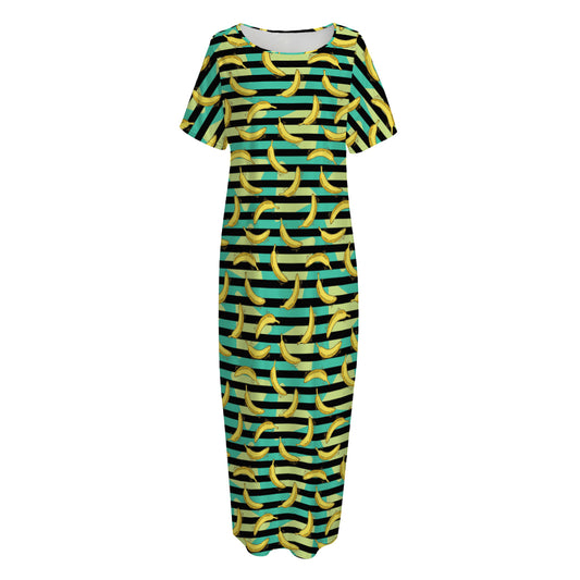 Teal Striped Banana Pattern Print Short Sleeve Long Nightdress