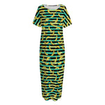 Teal Striped Banana Pattern Print Short Sleeve Long Nightdress