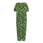 Teal Striped Banana Pattern Print Short Sleeve Long Nightdress
