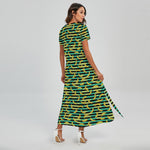 Teal Striped Banana Pattern Print Short Sleeve Maxi Dress