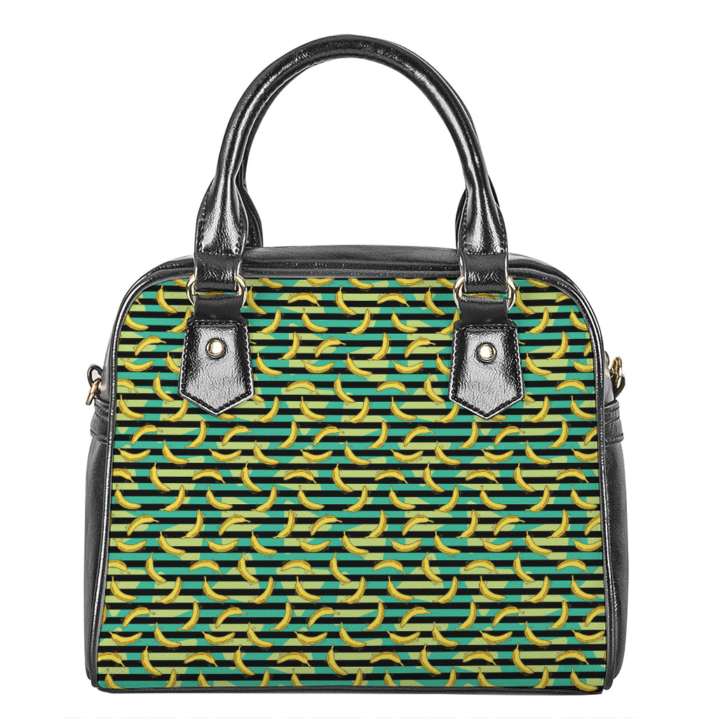 Teal Striped Banana Pattern Print Shoulder Handbag