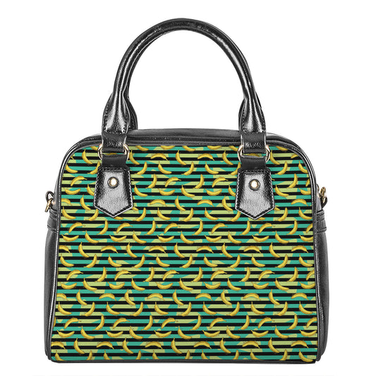 Teal Striped Banana Pattern Print Shoulder Handbag