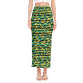 Teal Striped Banana Pattern Print Side Slit Maxi Skirt