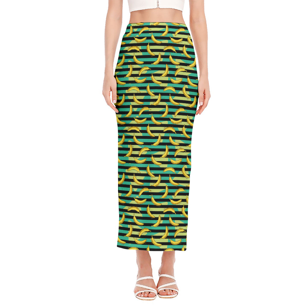 Teal Striped Banana Pattern Print Side Slit Maxi Skirt