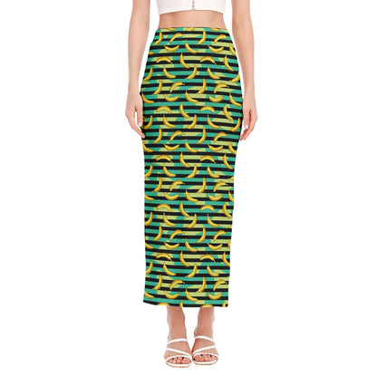Teal Striped Banana Pattern Print Side Slit Maxi Skirt