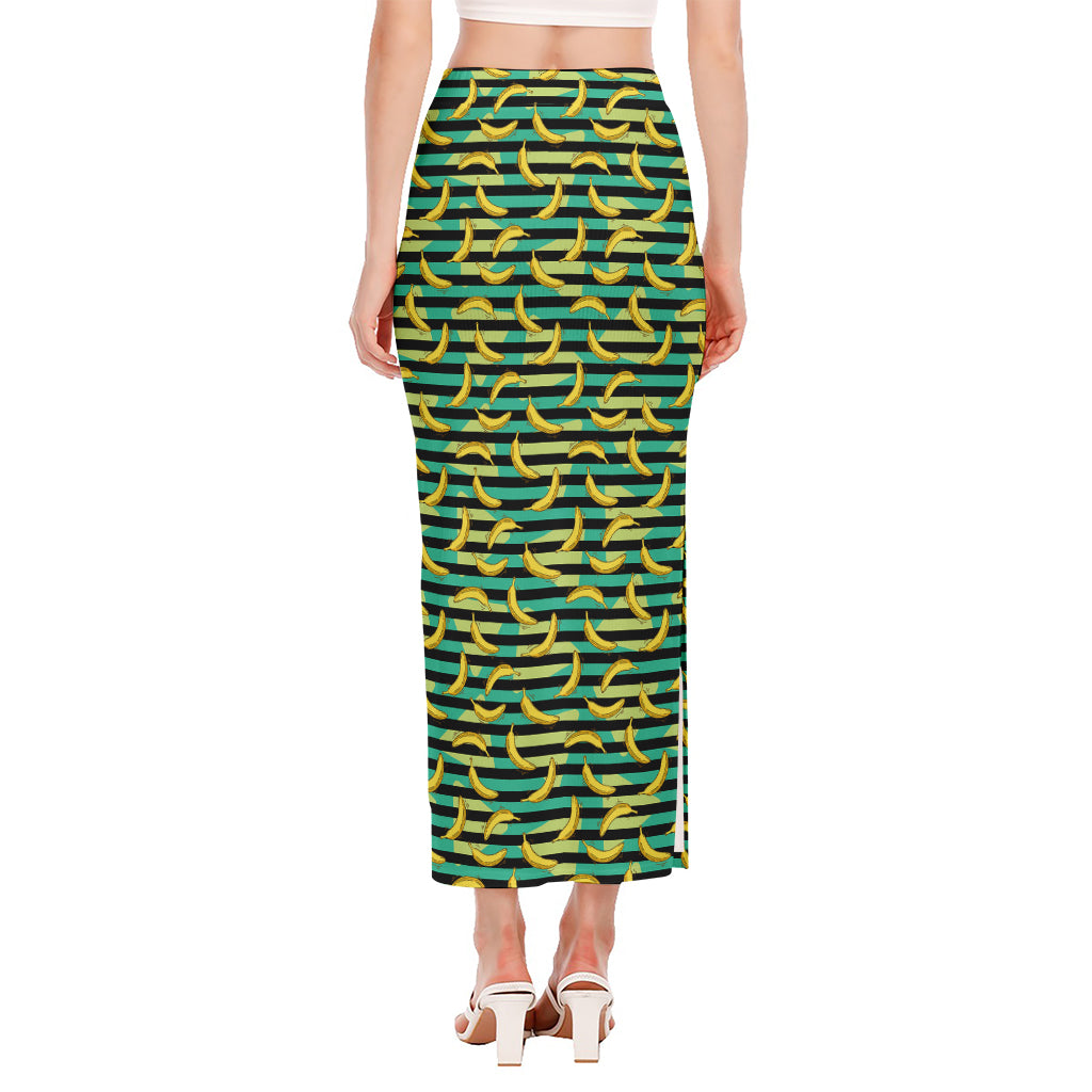 Teal Striped Banana Pattern Print Side Slit Maxi Skirt