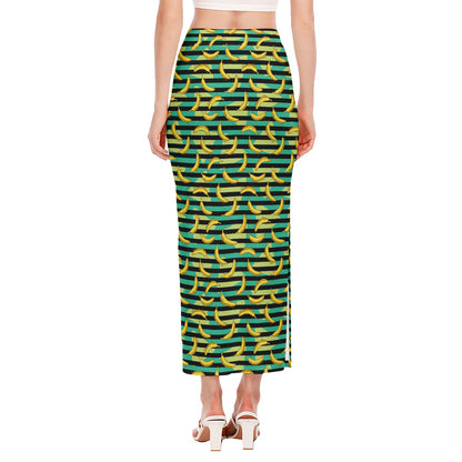 Teal Striped Banana Pattern Print Side Slit Maxi Skirt