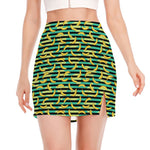 Teal Striped Banana Pattern Print Side Slit Mini Skirt