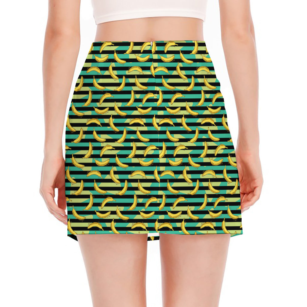 Teal Striped Banana Pattern Print Side Slit Mini Skirt