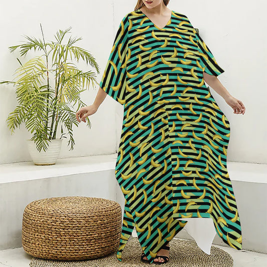 Teal Striped Banana Pattern Print Silk V-Neck Kaftan Dress