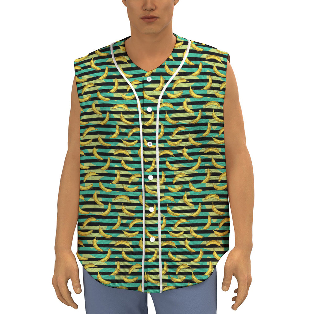 Teal Striped Banana Pattern Print Sleeveless Baseball Jersey
