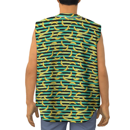 Teal Striped Banana Pattern Print Sleeveless Baseball Jersey