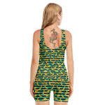 Teal Striped Banana Pattern Print Sleeveless One Piece Swimsuit