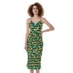 Teal Striped Banana Pattern Print Slim Fit Midi Cami Dress