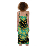 Teal Striped Banana Pattern Print Slim Fit Midi Cami Dress