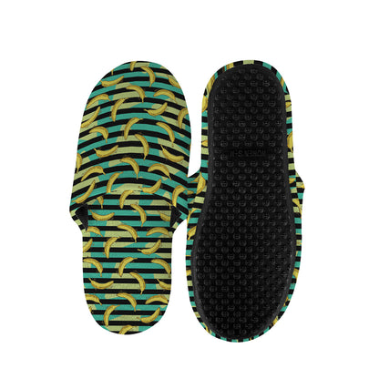 Teal Striped Banana Pattern Print Slippers