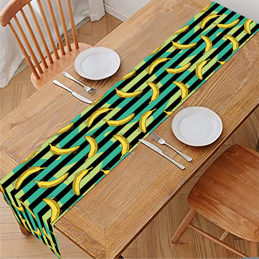Teal Striped Banana Pattern Print Table Runner