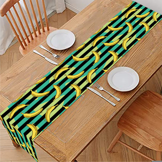 Teal Striped Banana Pattern Print Table Runner