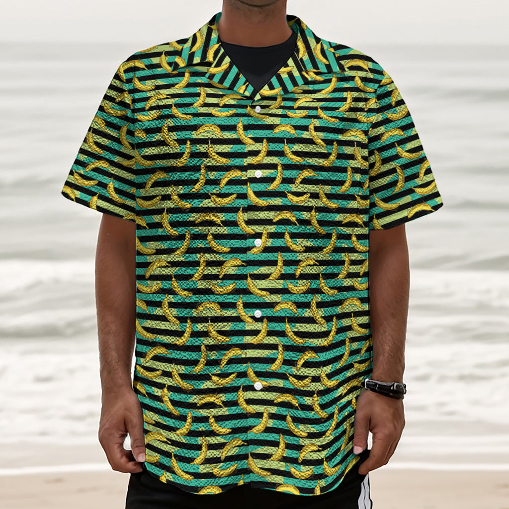 Teal Striped Banana Pattern Print Textured Short Sleeve Shirt