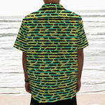Teal Striped Banana Pattern Print Textured Short Sleeve Shirt