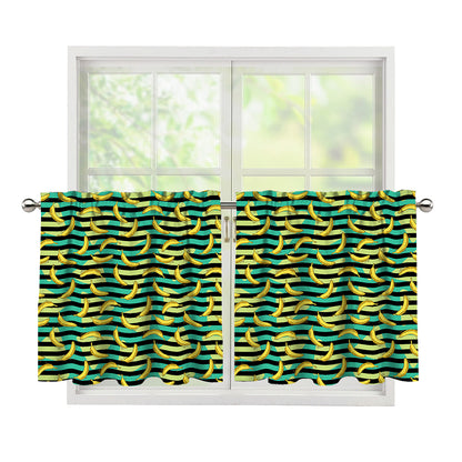 Teal Striped Banana Pattern Print Tier Curtains