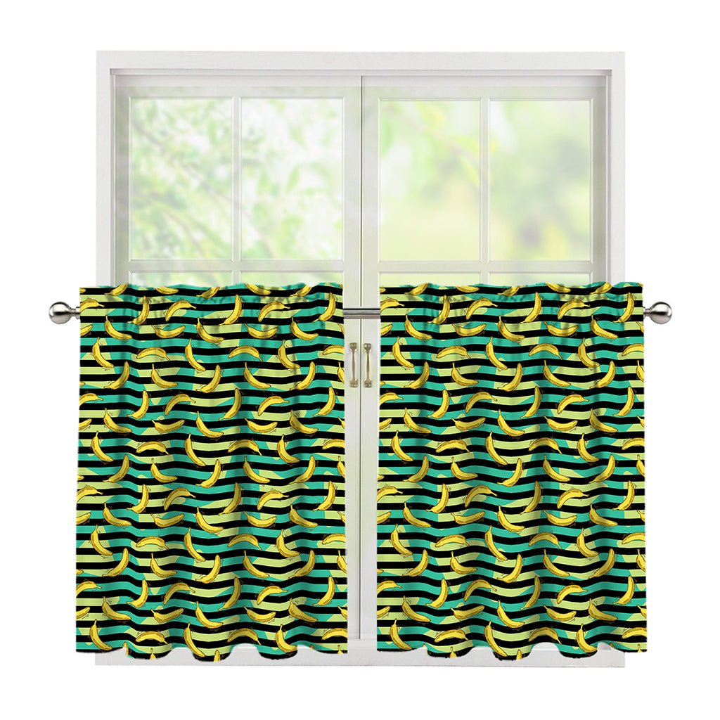 Teal Striped Banana Pattern Print Tier Curtains