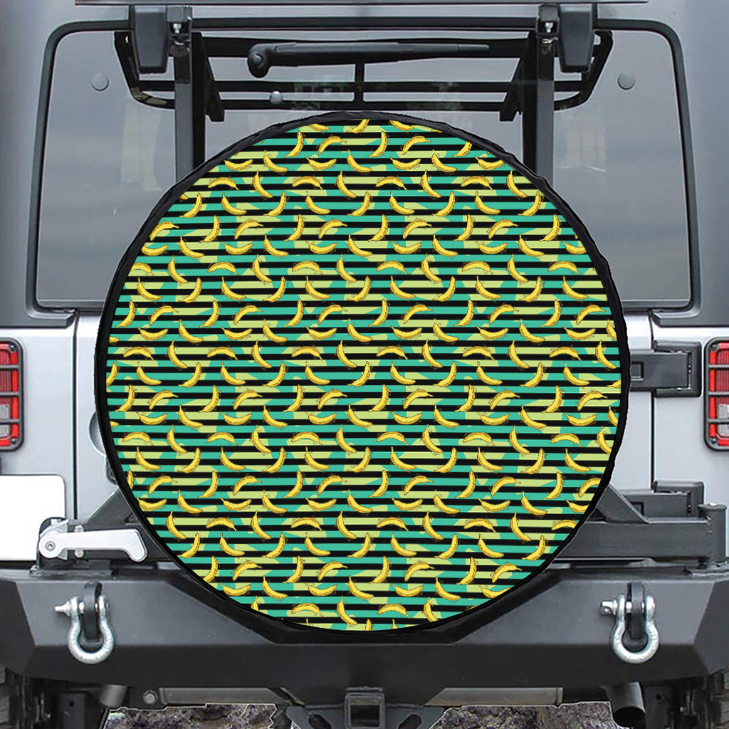 Teal Striped Banana Pattern Print Tire Cover