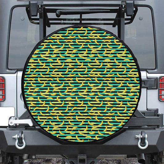 Teal Striped Banana Pattern Print Tire Cover
