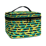 Teal Striped Banana Pattern Print Travel Makeup Bag