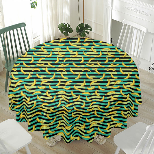 Teal Striped Banana Pattern Print Waterproof Round Tablecloth