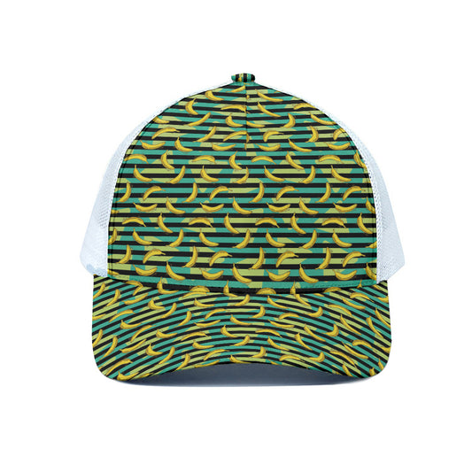 Teal Striped Banana Pattern Print White Mesh Trucker Cap