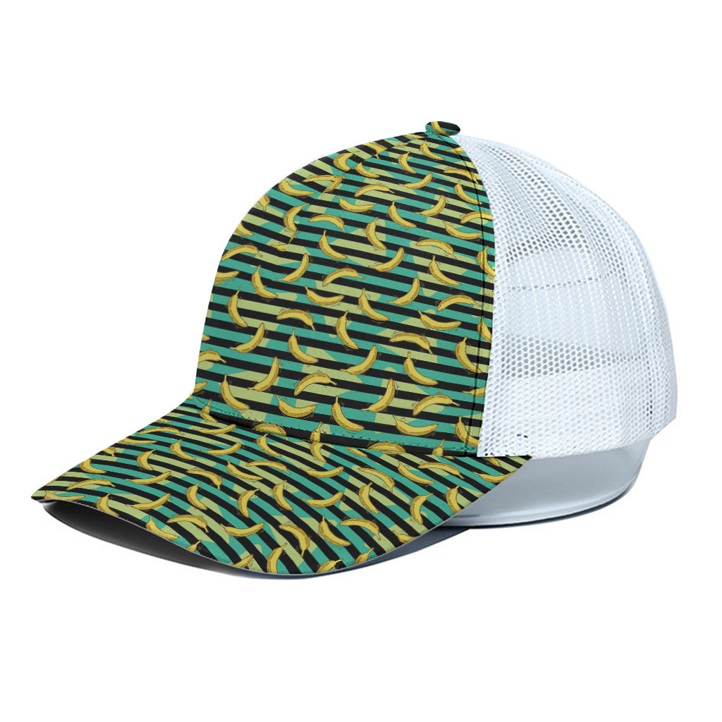 Teal Striped Banana Pattern Print White Mesh Trucker Cap