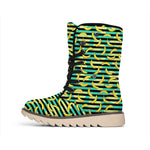 Teal Striped Banana Pattern Print Winter Boots