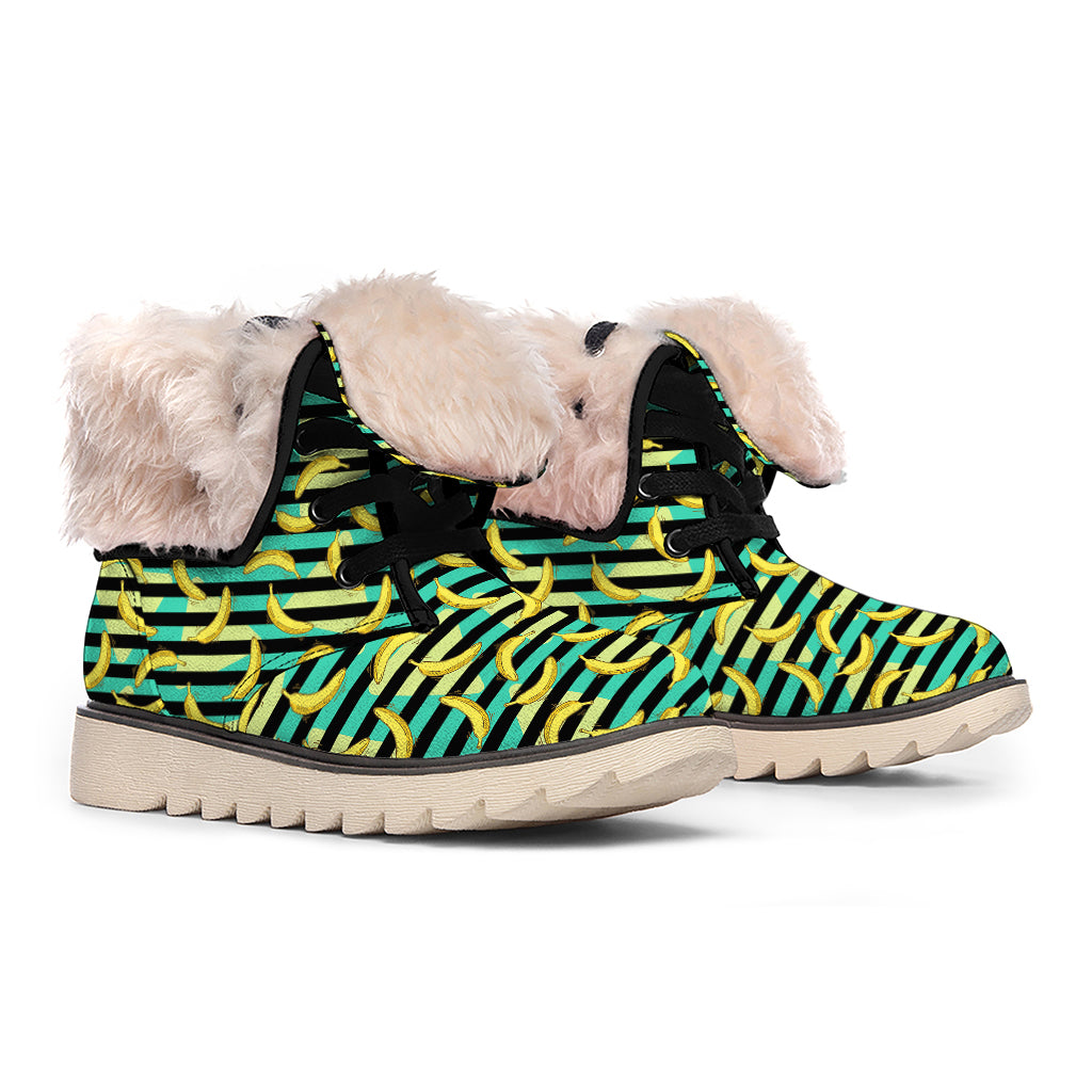 Teal Striped Banana Pattern Print Winter Boots