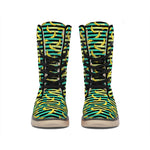 Teal Striped Banana Pattern Print Winter Boots