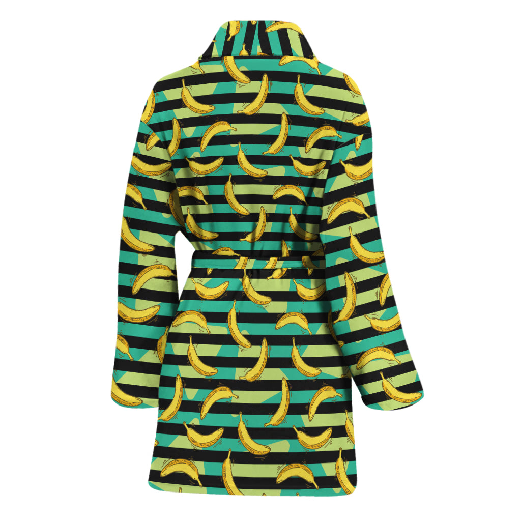 Teal Striped Banana Pattern Print Women's Bathrobe