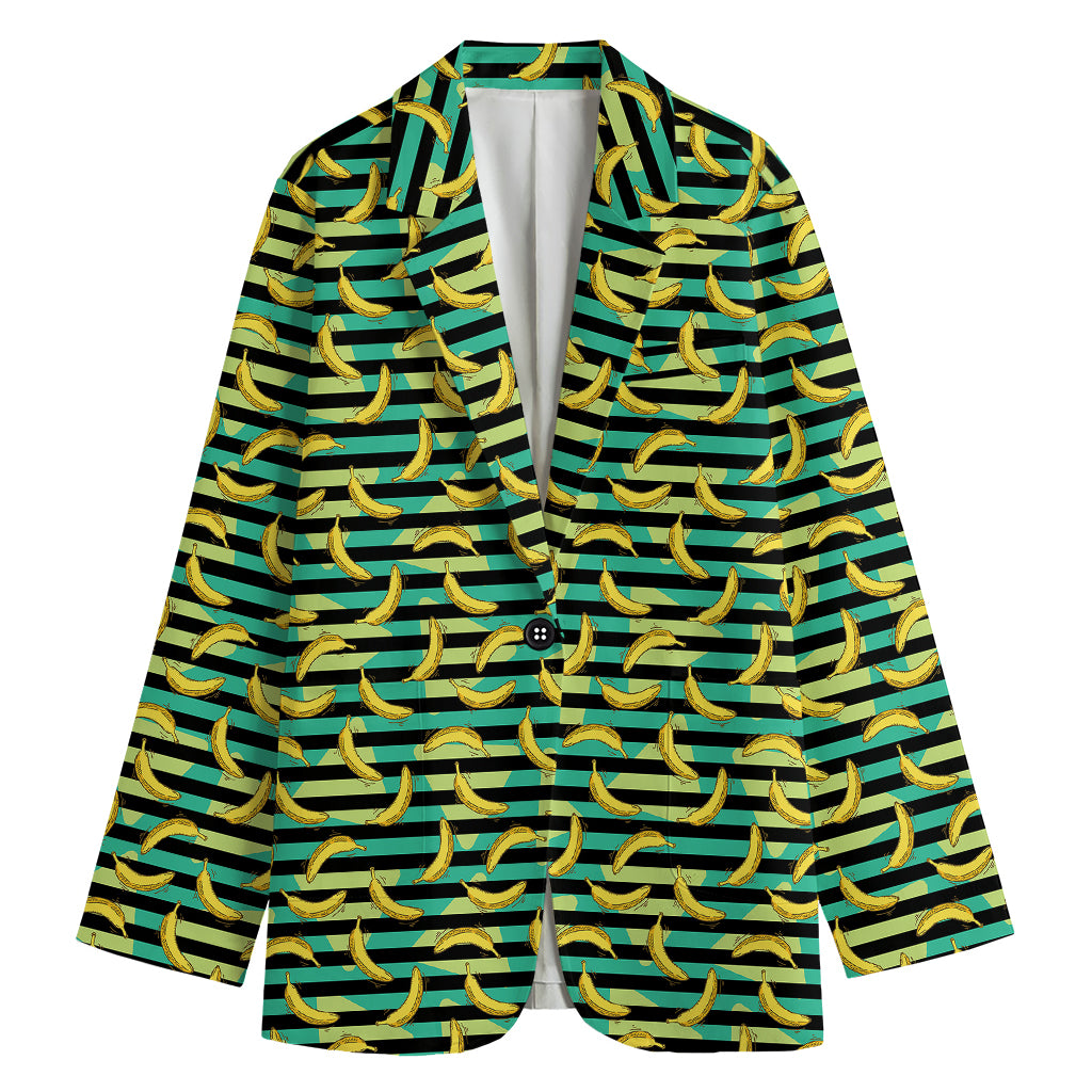 Teal Striped Banana Pattern Print Women's Blazer
