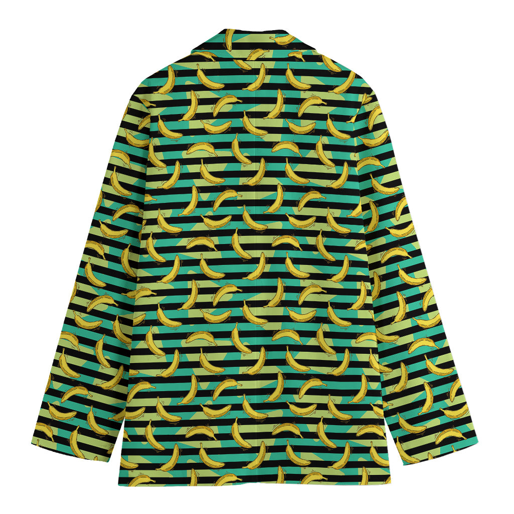 Teal Striped Banana Pattern Print Women's Blazer