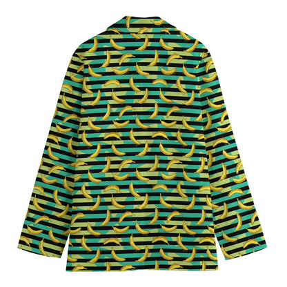 Teal Striped Banana Pattern Print Women's Blazer