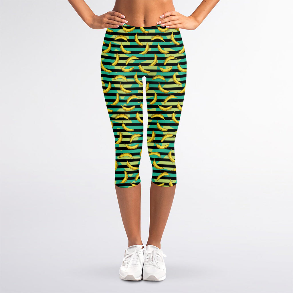 Teal Striped Banana Pattern Print Women's Capri Leggings
